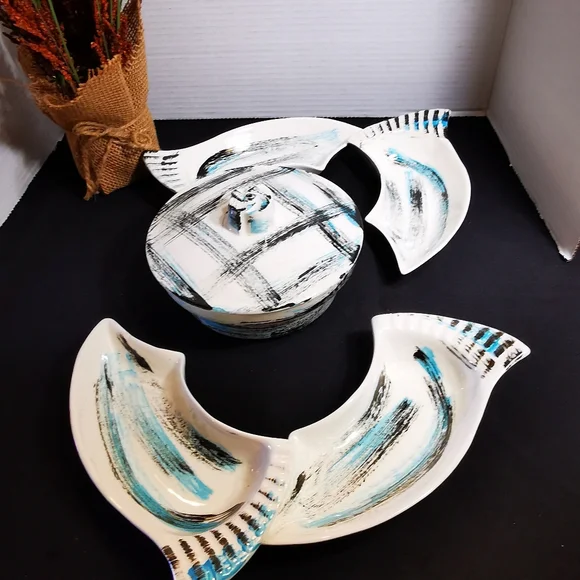 California Pottery Vintage Serving Set Blue and Black Brushstroke Plaid 6 Pieces - Picture 6 of 16